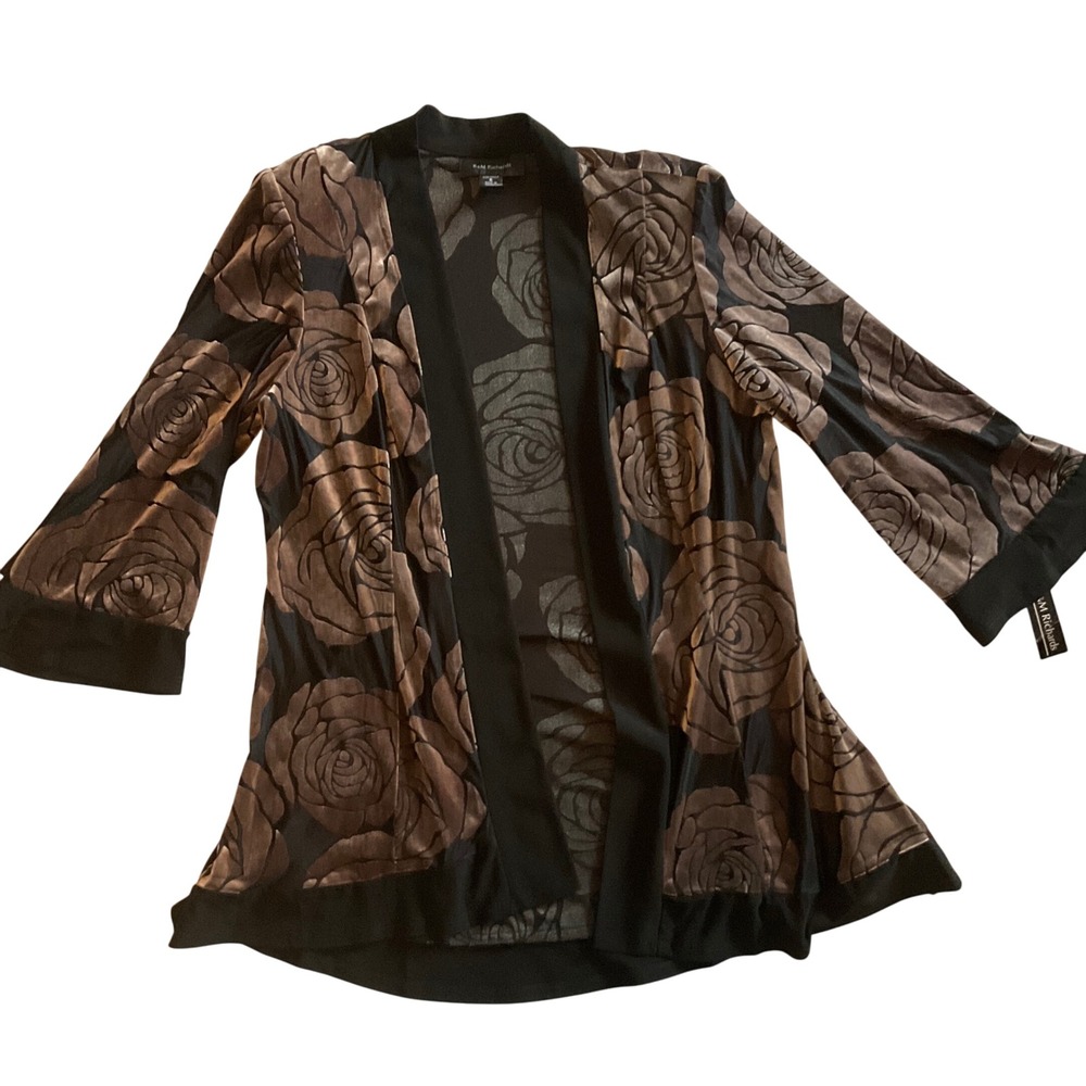 R‎ & M Richards Women's Floral Velvet Burnout 3/4 Sleeve Open Cardigan size 8